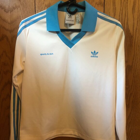 adidas Originals Tops - (WMNS) adidas Originals x Sporty & Rich Long Sleeve Jersey 'Cream White Blue'